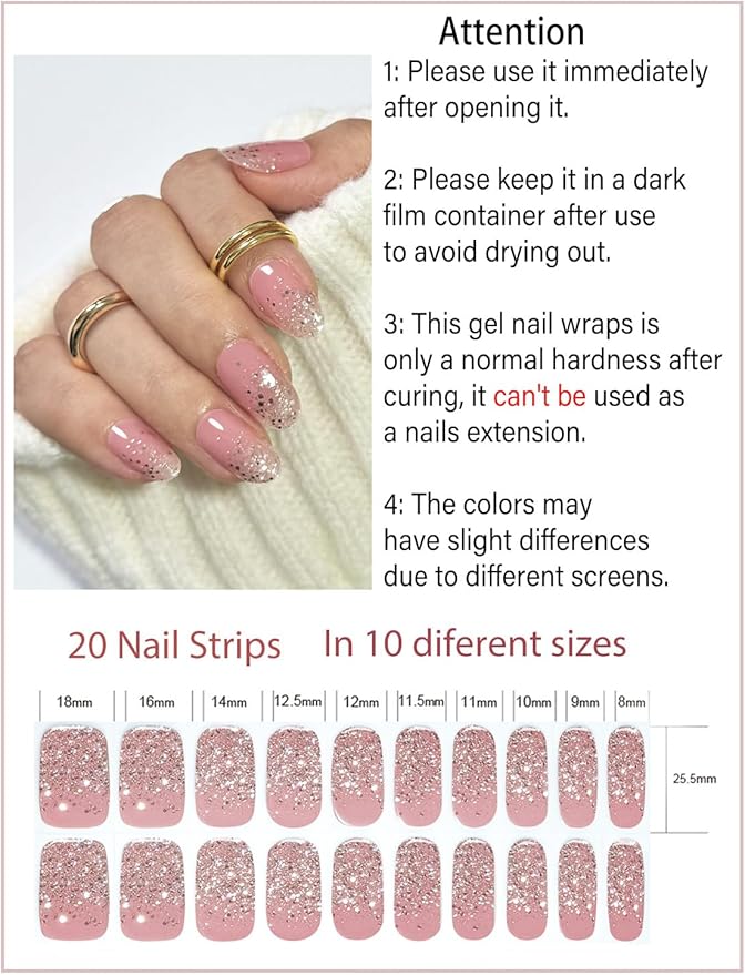 Semi Cured Gel Nail Strips, 20pcs French Sequin Gel Nail Stickers UV for Home Nails DIY