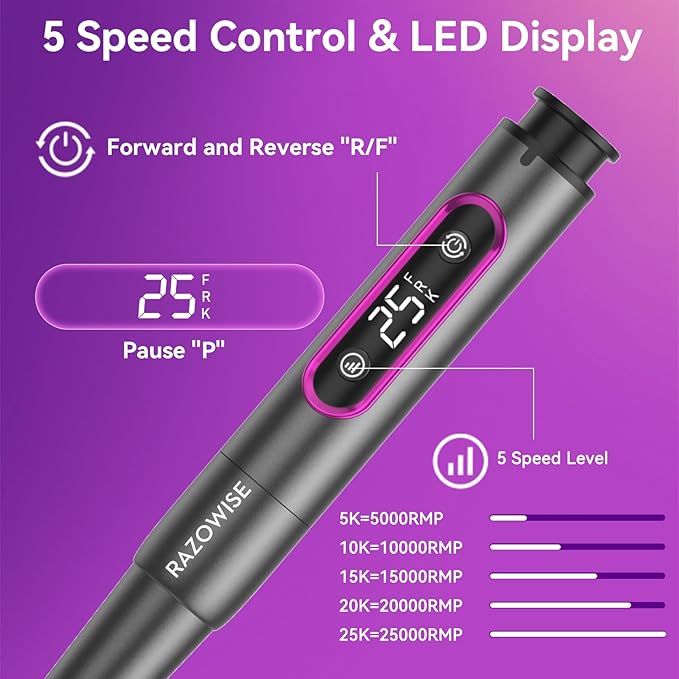 Portable Electric Nail Drill File 5 Speeds 12 in 1 with LED Display Rechargeable Professional Efile for Natural Acrylic Gel Powder Manicure Pedicure Nails, Pink