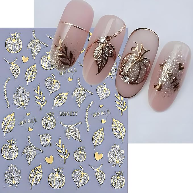 Halloween Nail Art Stickers, Glitter Pumpkin Ghost Nail Art Decals 3D Self-Adhesive Whit Gold Heart Spider Web Bat Black Leaf Nail Design 8Pcs Halloween Nail Art Supplies for Women Nail Decoration