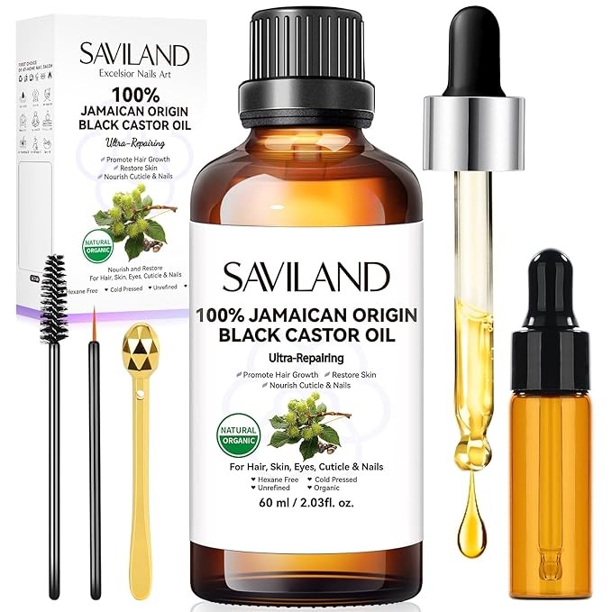 Saviland Jamaican Black Castor Oil Organic Cold Pressed Unrefined: 100% Pure and Natural Castor Oil for Hair Growth Eyebrows Face Skin Care Cuticle Nourish Massager Tools Home Care 60ML