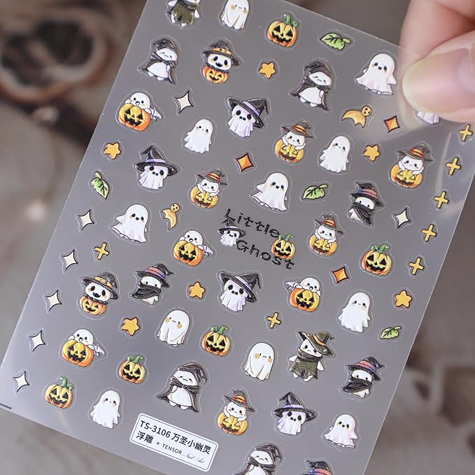Halloween Nail Stickers for Nail Art - Cute Ghost Nail Art Sticker Halloween 5D Embossed Nail Decals Self-Adhesive Nails Supply Manicure Stickers for Nails Decoration（Little Ghost）