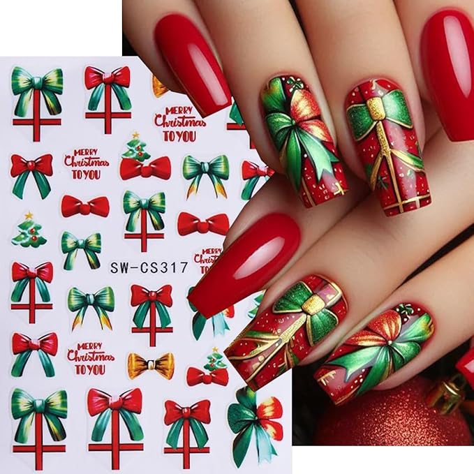 Christmas Nail Stickers Christmas Tree Nail Decals Bow Gift Crutch Nail Art Sticker Green Bow Gift Snowman Light Ball Design Heart Nail Stickers for Nail Art for Women DIY Holiday Manicure 6 Sheets
