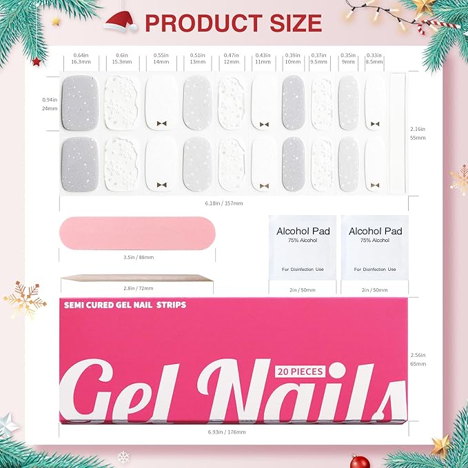 Semi Cured Gel Nail Strips, Christmas 20 PCS Nail Stickers Work with UV Light, Salon Quality & Easy to Use - Snowy Glow