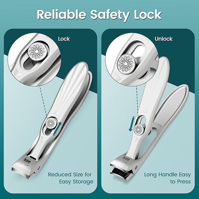 YTD Likomey Angled Head Wide Jaw Opening Nail Clippers,Long Handled Toenail Clippers for Thick Nails,Ultra-Sharp Fingernail Clipper with Catcher,Nail Cutter with Nano Glass Nail File Set for Seniors