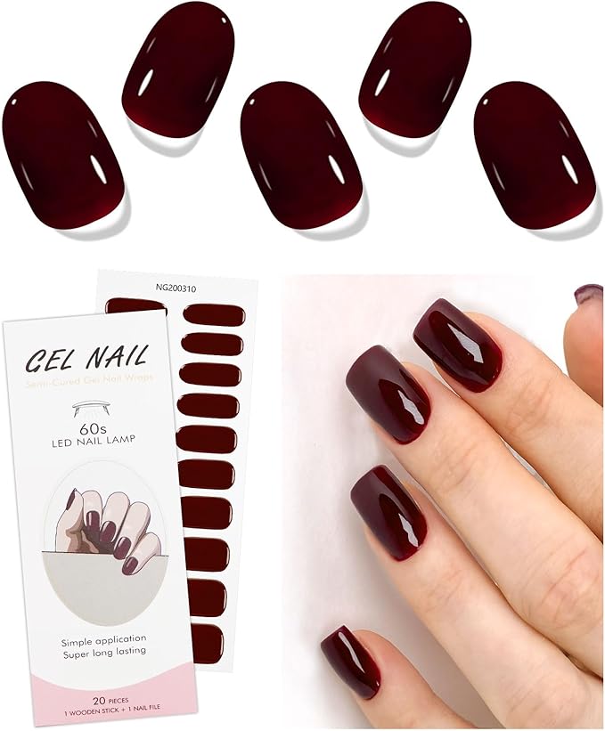 JMEOWIO Gel Nail Stickers Wine Red Semi Cured Gel Nail Strips Wraps UV/LED Nails Art Design Decoration Accessories