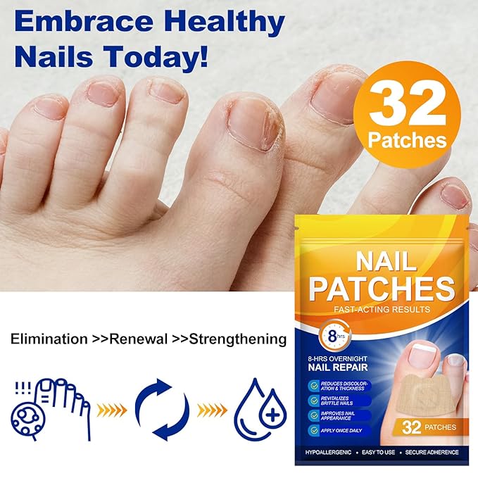Toenail Treatment Extra Strength-8-Hrs Overnight Nail Repair,ingrown toenail treatment,Strengthens Brittle Nails,Improves Texture & Thickening Hypoallergenic Easy (32 Patch)
