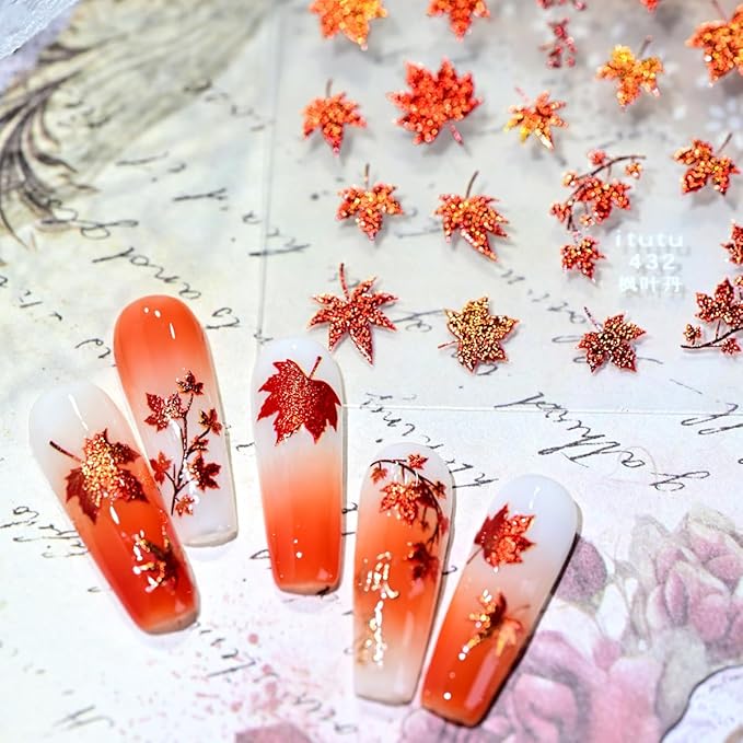 1 Sheets Fall Nail Stickers for Nail Art 5D Embossed Autumn Maple Leaves Nail Art Stickers with Red Maple Leaf Glitter Design Thanksgiving Nail Decals Nail Supplies Manicure Accessories for Women DIY