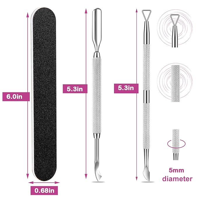 Premium Cuticle Pusher and Gel Polish Remover Set with Nail Files, Professional Grade Stainless Steel Cuticle Remover, Durable Pedicure Manicure Tools Nail Care Kit for Fingernails Toenails Silver