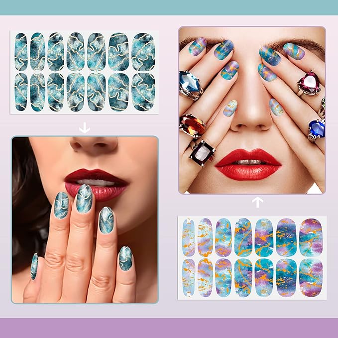 SILPECWEE 16 Sheets Nail Polish Stickers Full Nail Wraps Marble Nail Polish Strips Self Adhesive Gel Nail Strips Fingernails Sticker Nails for Women with 1pc File (Fancy Style)