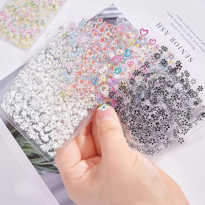 30 Sheets Flower Nail Stickers for Nail Art 3D Self Adhesive Cherry Blossoms Daisy Nail Decals Colorful White Black Designs Summer Flowers Nail Art Stickers for Women DIY Acrylic Manicure Supplies
