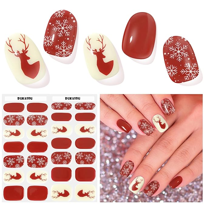 Christmas Semi Cured Gel Nail Strips, Elk | 28 pcs Gel Nail Strips Work with Any UV Lamp, Salon Quality UV Nails Stickers, Easy to Apply for Home Nails DIY