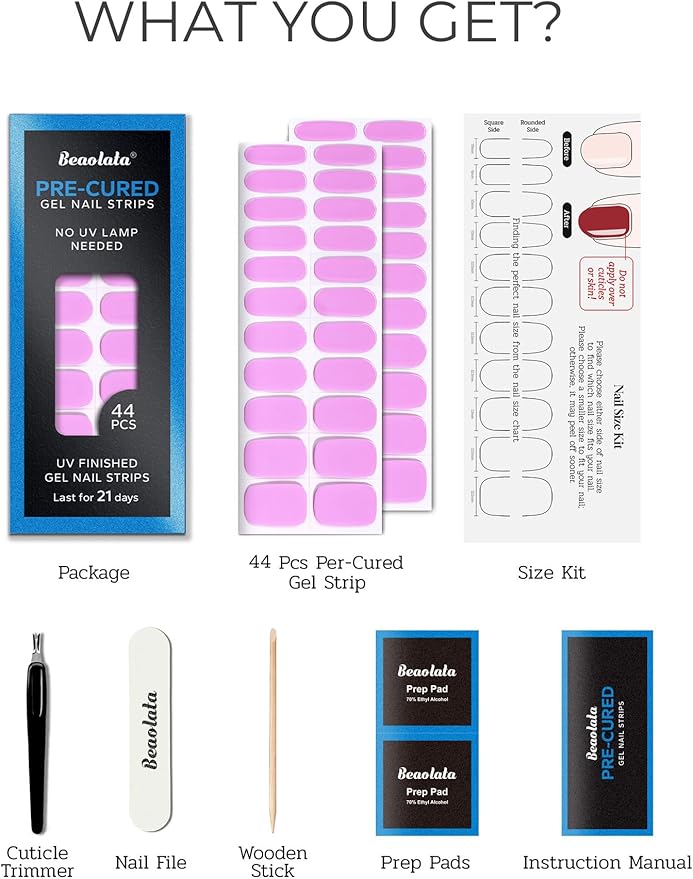 Pre Cured Gel Nail Strips - 44PCS Salon Quality Gel Nail Stickers - Long Lasting Polish Wraps for Women no UV Light Needed Easy Apply& Remove (Macaron Pink）