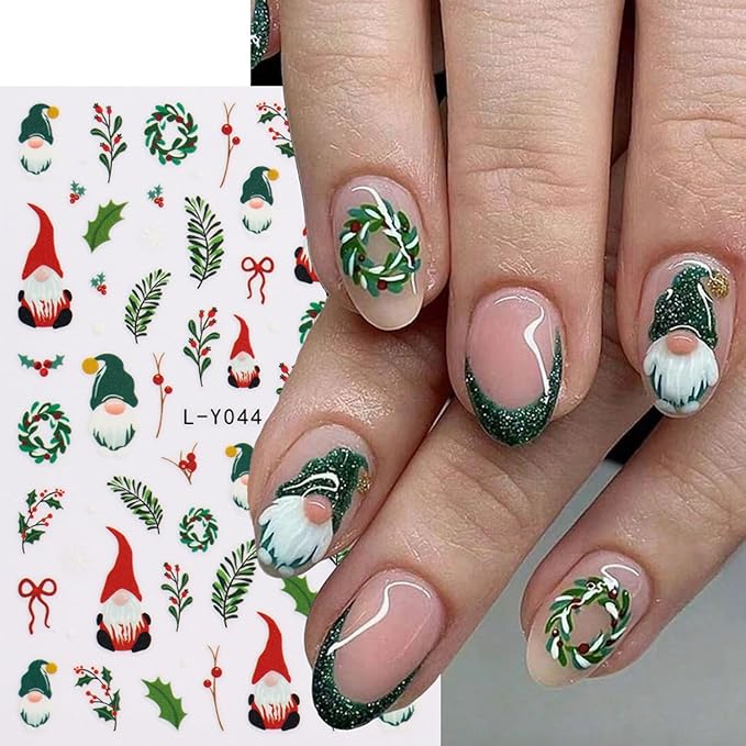 6PCS Christmas Nail Art Stickers Decals Gnome Santa Claus Nail Decals 3D Self-Adhesive Luminous Nail Stickers Christmas Tree Holly Light String Nails Designs Xmas Nails Supplies for Women Manicure
