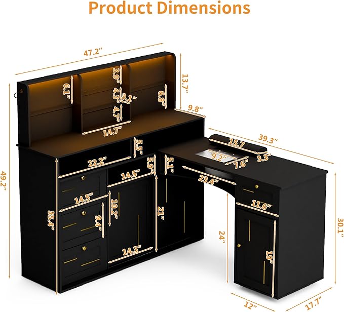Manicure Table with Dust Collector, L-Shaped Nail Desk with Mobile Desktop, LED Light, Glass Display Rack, Storage Cabinets and Drawers for Home Spa Beauty Salon Nail Station, Black
