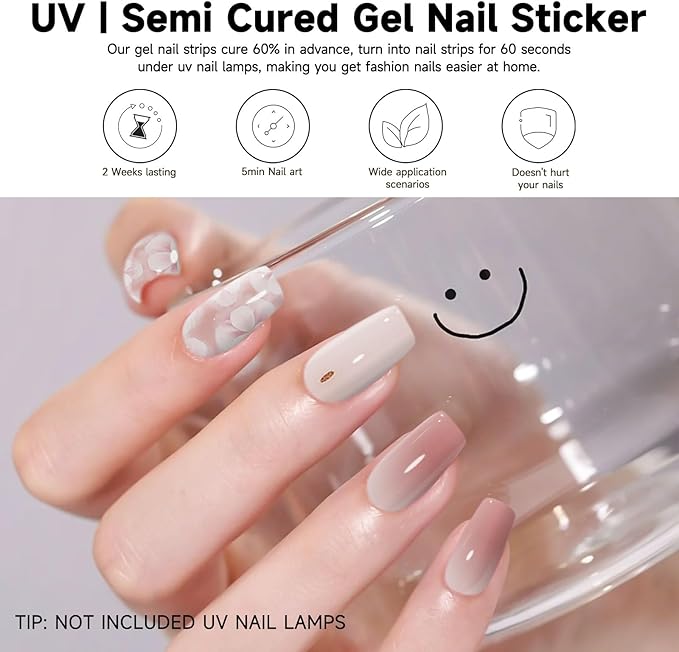 Semi Cured Gel Nail Strips | 28 pcs Gel Nails Strips Work with Any UV Lamps, Long Lasting UV Nail Stickers for Women DIY Nails Wraps(Pink Flower)