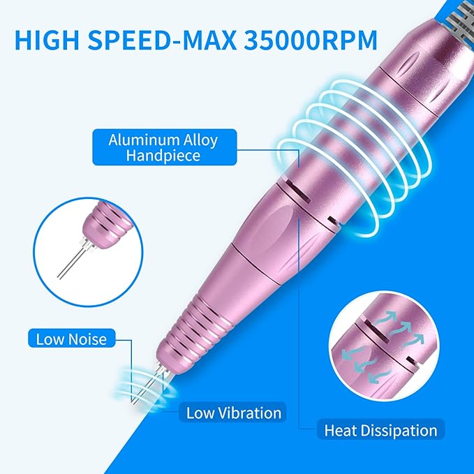 Portable Nail Drill Professional 35000 RPM, MOCOWIND Rechargeable Electric Nail File Machine for Acrylic Gel Polishing Removing, Cordless E-File with Bits Kit for Manicure Salon Home, Blue & Purple