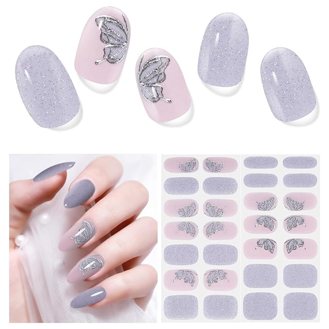 Semi Cured Gel Nail Strips(Butterfly),28 Gel Nail Stickers Wraps Strips Needed UV Lamp, Long Lasting,Easy to Apply
