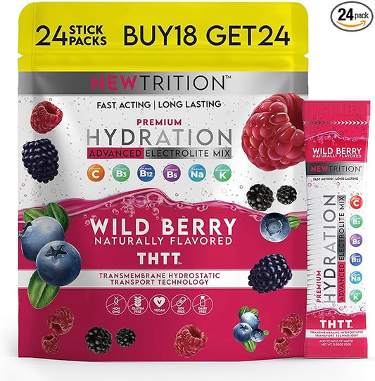 Hydration Powder, Electrolyte Powder Packets, Naturally Flavored Hydrating Packets for Water, Fast Acting Hydrate Electrolytes with Vitamins C & D, Wild Berry, 24 Servings