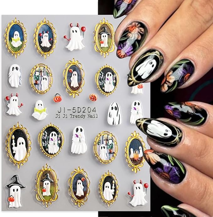 2 Sheets Halloween Nail Sticker for Nail Art 5D Embossed Spider Web Nail Art Stickers Rhinestone Spider Ghost Golden Edge Design Stickers Gothic Nail Decal Nail Art Supplies for Women Acrylic