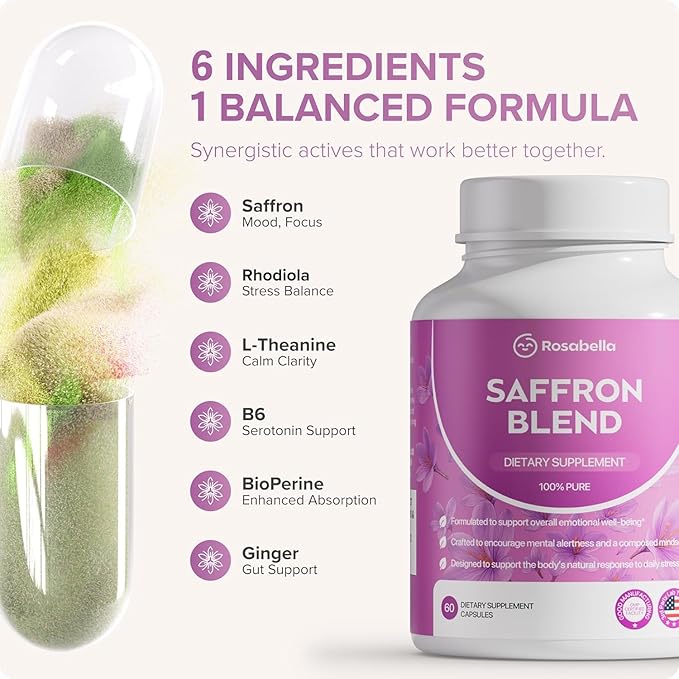 Rosabella Saffron Blend Supplement for Men & Women – Saffron, B6, Magnesium & Herbal Extract Capsules – Supports Mood, Focus & Clarity – Non-GMO, Gluten-Free – 180 Capsules – 90-Day Supply