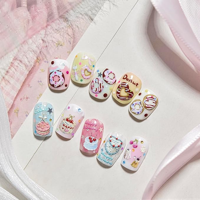Christmas Nail Stickers 5D Birthday Cake Candle Nail Art Stickers Bow Fruit Nail Decals Self Adhesive Design 3D Cute Sticker Holiday Nail Art Decoration for Girls Women Manicure Accessories