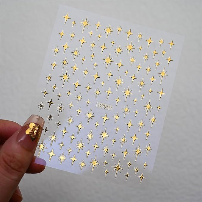 12 Sheets Star Nail Art Stickers Gold Nail Stickers for Nail Art 3D Self-Adhesive Heart Flower Nail Decals Gold Nail Supplies Design Manicure Supplies for Women