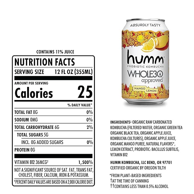 Humm Whole30 Approved Kombucha, Mango Lemon, Organic, Vegan & GMO Free (12 Pack)