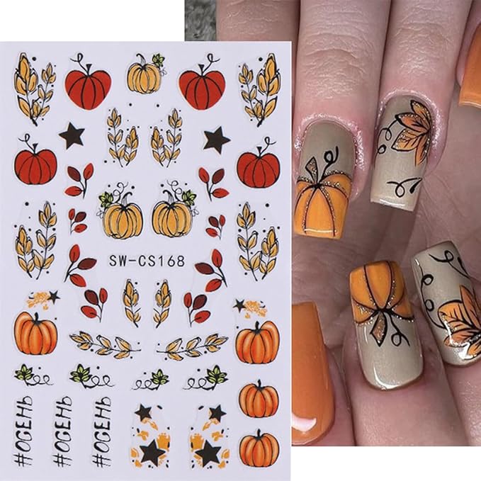 Fall Nail Art Stickers Autumn Leaf Pumpkin Nail Stickers 6PCS 3D Self-Adhesive Foxes Leaves Floral Pumpkin Design Nail Decals Nail Art Supplies Fall Sticker Sliders for Nails DIY Manicure Decorations