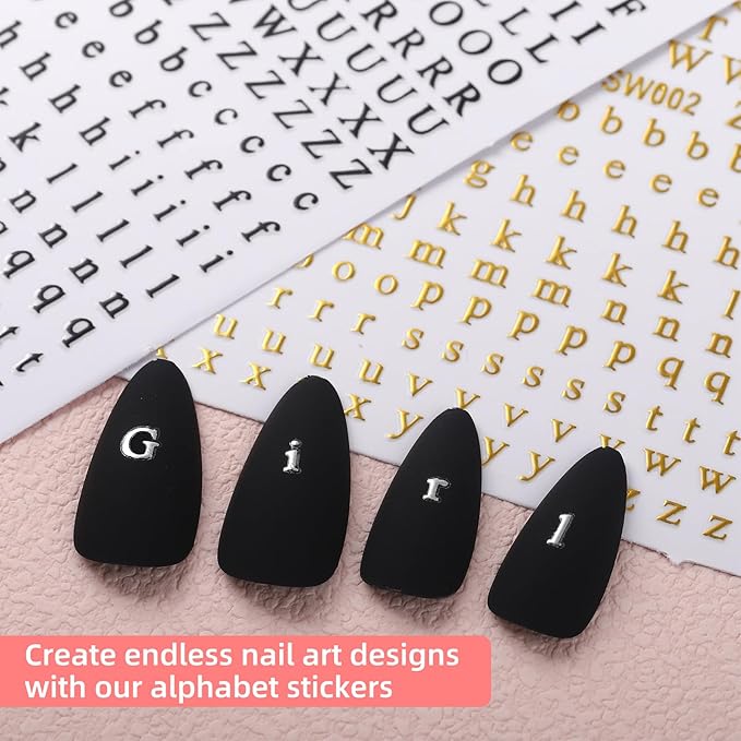 Letters Nail Art Stickers English Alphabet Nail Decals 3D Self-Adhesive Metallic Gold Silver Nail Sticker Black Alphabet Nail Art Supplies for Women Girls DIY Nail Decoration Manicure 8 Sheets