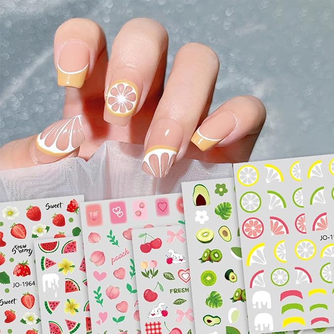 Fruit Nail Stickers 6Sheets Summer Nails Art Stickers 3D Mixed Cherry Watermelon Strawberry Lemon Flower Nail Design Nail Decals Colorful Fruit Nail Art Supplies for Women Manicure Decoration