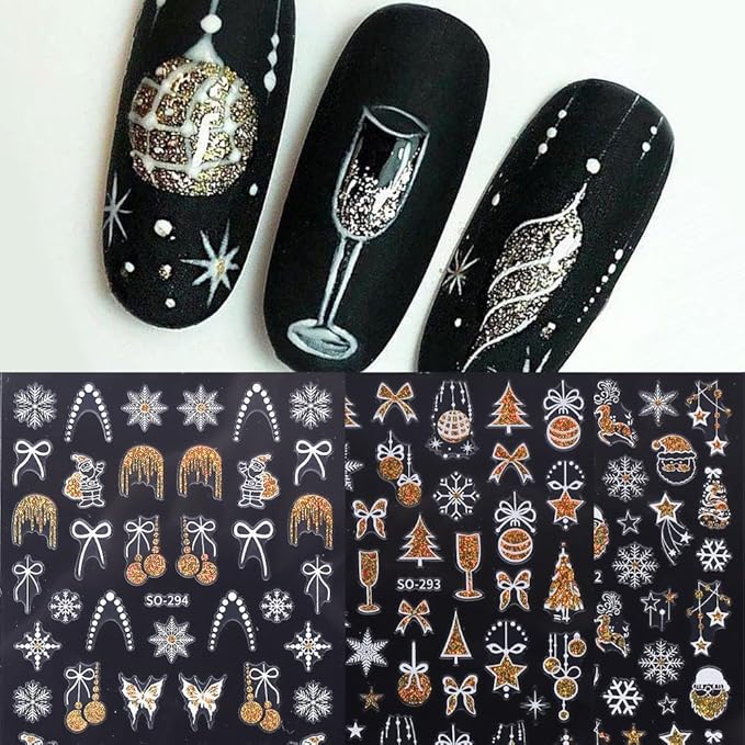 Christmas Nail Art Stickers 3D Self-Adhesive Xmas Nail Decals Snowflake Santa Claus Nail Art Design Supplies 6PCS Gold Glitter Trees Lamp Balls Star Bow Holiday Nail Stickers for Nail Decorations