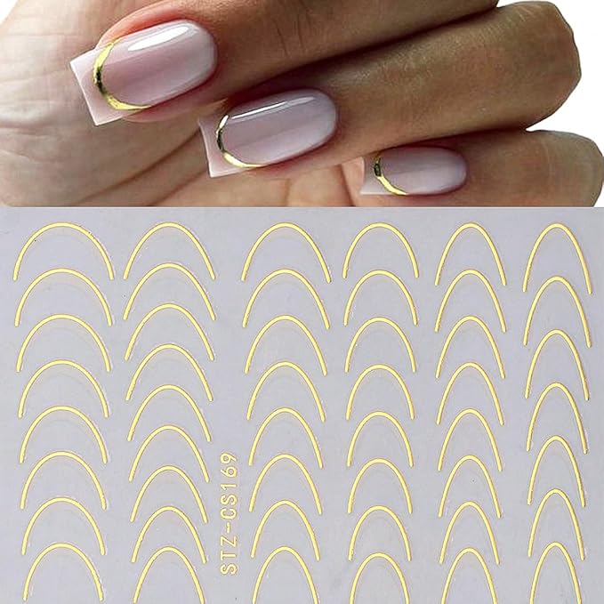 8 Pieces French Tip Line Nail Art Stickers 3D Simple Lines Nail Stickers Black White Gold Silver Metal Stripes Adhesive Decals Curved Gel Nail Art Polish Sliders Manicure Foils Decor Accessories