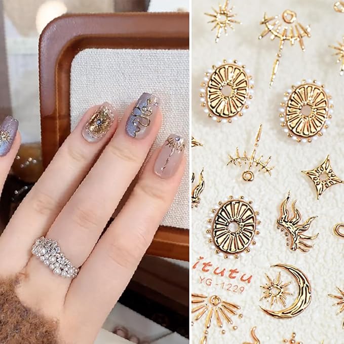 1 Sheets Embossed Gold Nail Stickers for Nail Art 5D Self Adhesive Design Gold Flame Snake Nails Decals Star Nail Art Stickers Bronzing Sun Moon Star Nails Supplies for Women DIY Manicure