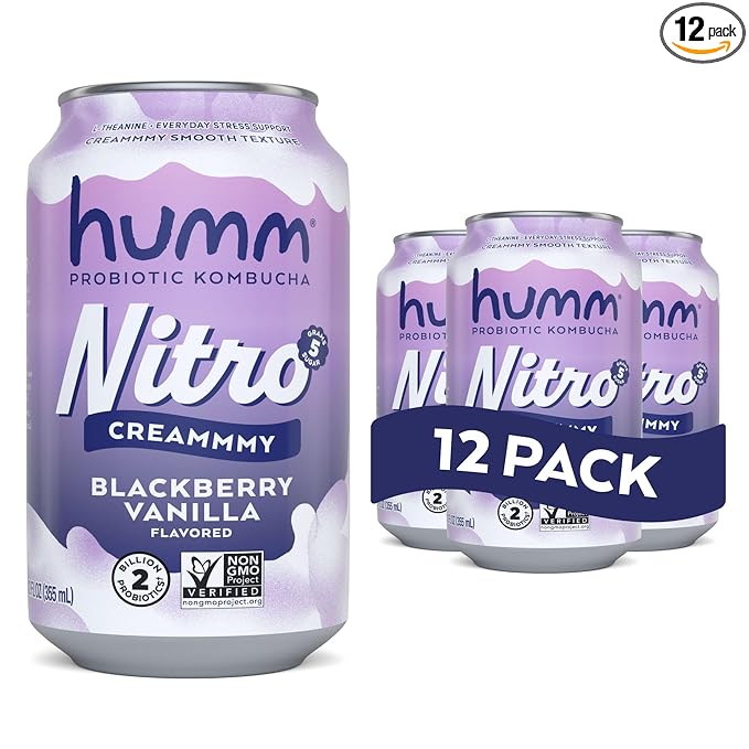 Humm Nitro Kombucha Blackberry Vanilla, Creamy Smooth Probiotic Drink with L-Theanine, Non-GMO, Vegan, Gluten Free, 12 fl oz (Pack of 12)