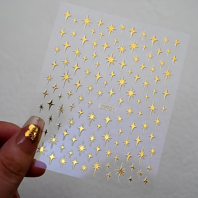 12 Sheets Gold Star Digit Heart Nail Art Stickers - 3D Self Adhesive Decals for Design and Decoration - Supplies Accessories for Women
