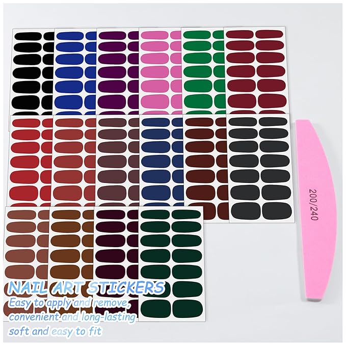 SILPECWEE Gel Nail Stickers (16 Sheets, Dark Solid Color), Full Nail Wraps for Women Self Adhesive Nail Polish Strips Gel Strips Fingernail Stickers Manicure Decoration with File