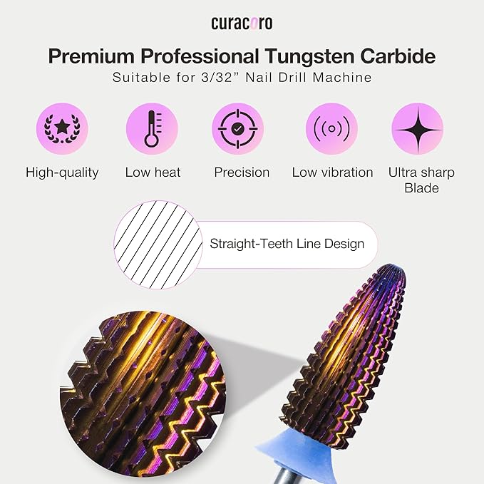Curacoro Nail Drill Bits 3/32'' - Typhoon Bits, 2 Way, Carbide Bit (Medium) for Professional Finish, Fast Remove, Refine & Smooth Acrylic or Gel Nails, Precise & Easy Control, Nail Art Salon & Home