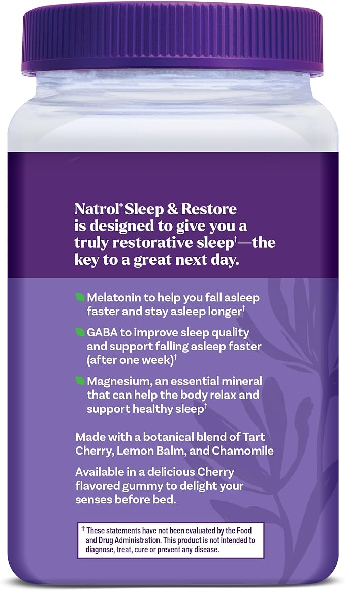 Natrol Sleep + Restore Magnesium Glycinate Blend Gummies with Melatonin 5mg - Calm Magnesium with GABA, Botanical Blend, Cherry Flavor, 60 Gummies