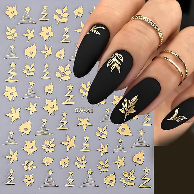 Fall Maple Leaves Nail Art Stickers for Thanksgiving, Gold Silver Maple Leaves Nail Decals 3D Self-Adhesive with Flowers Leaf Design 6Pcs Fall Glitter Nail Art Supplies for Women Nail Decoration