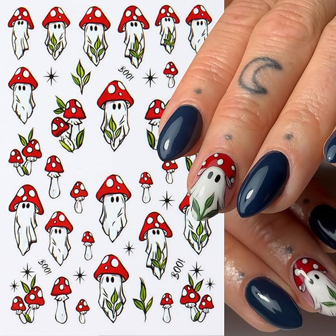 8 Sheets Halloween Nail Stickers Ghost Mushroom Nail Art Stickers Daisy Ghost Nails Decals Pumpkin Spider Colorful Holiday Nail Art Supplies Adhesive Halloween Sticker for Women Nail Art Decorations