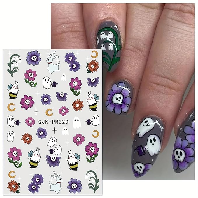 9 Sheets 3D Halloween Nail Art Stickers Self-Adhesive Cute Skull Pumpkin Bat Ghost Spider Designs Cartoon DIY Flowers Nail Art Stickers Decals Halloween Nail Supplies for Women Nails Art Decoration