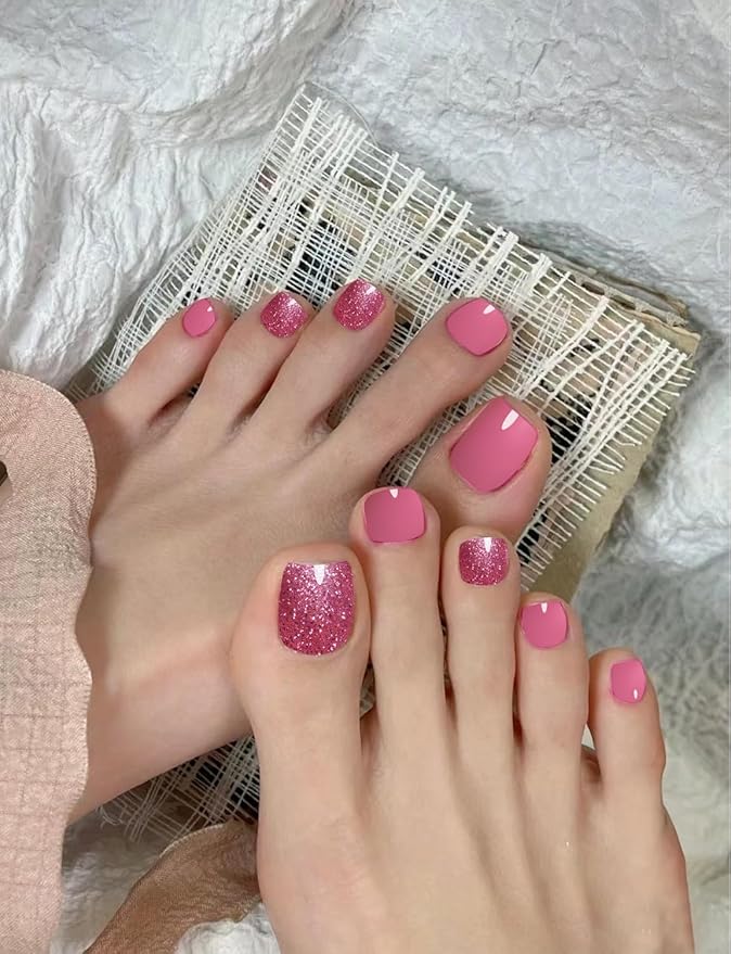 Semi Cured Gel Toenail Strips, 26 Pink, Glitter Gel Toe Nail Stickers, Works with Any UV Lamps