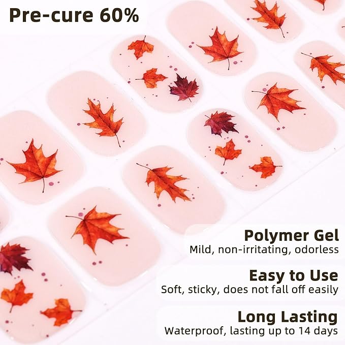 Semi Cured Gel Nail Strips, 28 pcs Nail Polish Strips Autumn Work with Any UV Lamps, Fall Nail Wraps for Women, Salon-Quality Gel Nail Polish Stickers (Maple Leaf)
