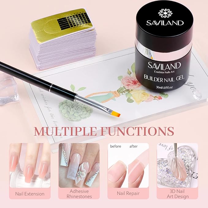 SAVILAND Builder Nail Gel Kit, Nudes Pink Hard Gel Nail Extension with Air Cushion Design, Base and Strengthener Builder with 100pcs Forms and Acrylic Brushes