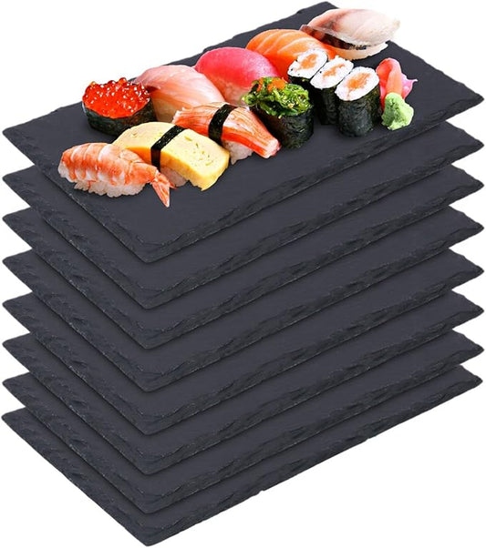 8 Pack 10 x 6 Inch Slate Cheese Boards, Black Rectangle Slate Charcuterie Boards, Natural Charcuterie Stone Plates for Parties, Gifts, and Special Events, Cheese, Sushi, Food.