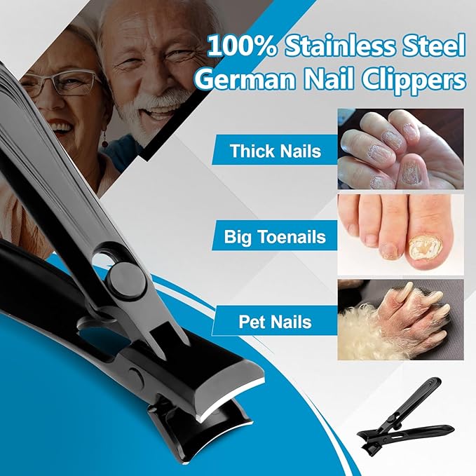 LINFOX German Nail Clippers Adult, Fingernail Clipper Ultra Sharp Sturdy Heavy Duty, Wide Jaw Anti Splash Lock Design, Professional Nail Cutter Premium Stainless Steel for Men, Woman, Seniors Black