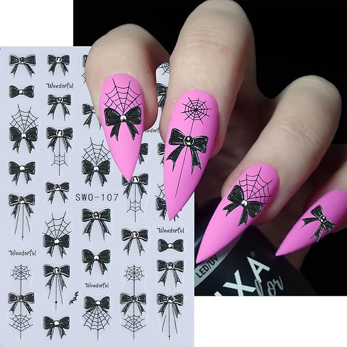 2 Pcs Halloween Nail Art Stickers,Spider Webs and Bloodstains Designs 3D Self-Adhesive Nail Decals Black Bow Nail Decorations Halloween DIY Manicure Supplies for Women Girls