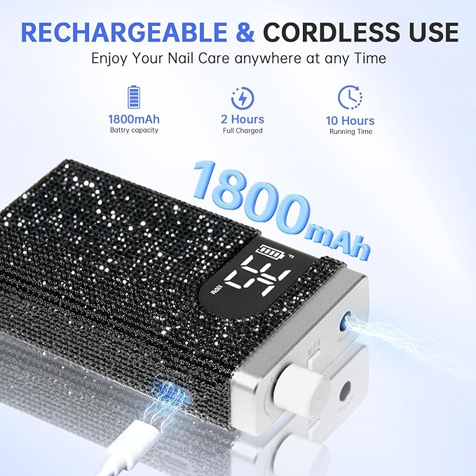 Rechargeable 35000RPM Nail Drill Sparkling Portable Professional Electric Nail File for Acrylic/Gel Nails Professional Nail Tools for Manicure Pedicure, Black Diamond