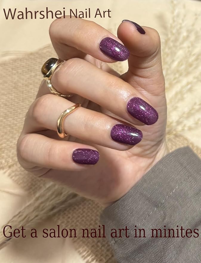Semi Cured Gel Nail Strips, 20pcs Dark Plum, Cat Eye Stick on Gel Nails for Home Nails DIY