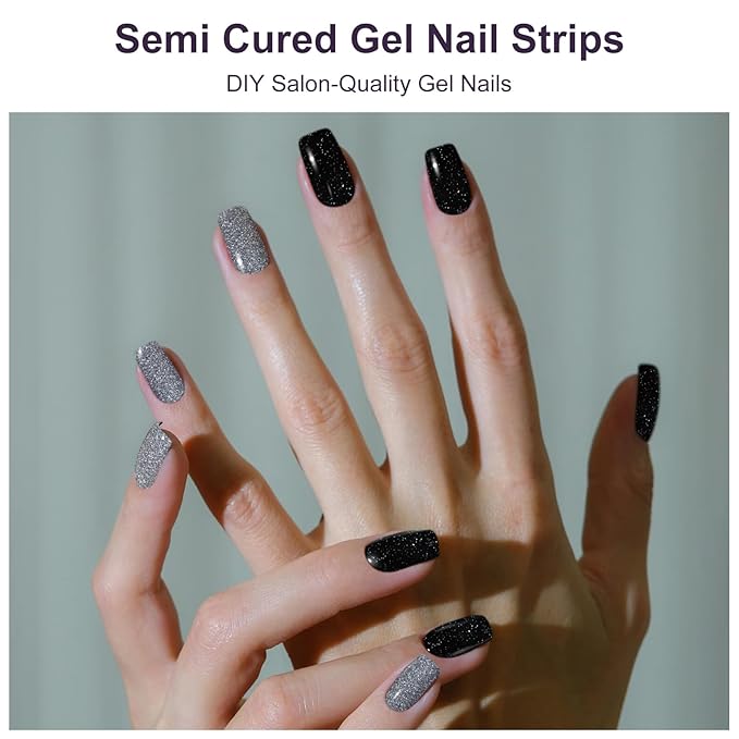 Semi Cured Gel Nail Strips,28 PCS Nail Art Stickers (Shiny Black Silver),Gel Stickers for Nails UV Light, Includes Prep Pads, Nail File & Wood Stick